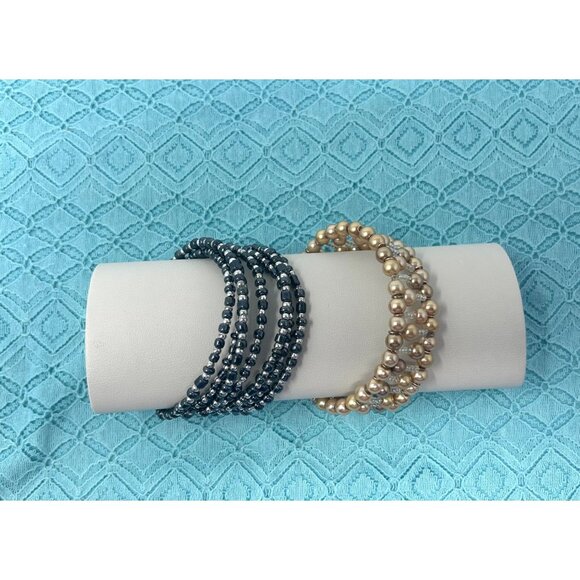 Set Of 2 Multi-Row Handcrafted Beaded Pearl Bracelets - Picture 1 of 6